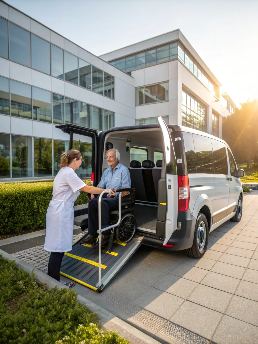 A wheelchair-accessible van arriving at a medical facility, with a professional driver assisting a patient with a smile.