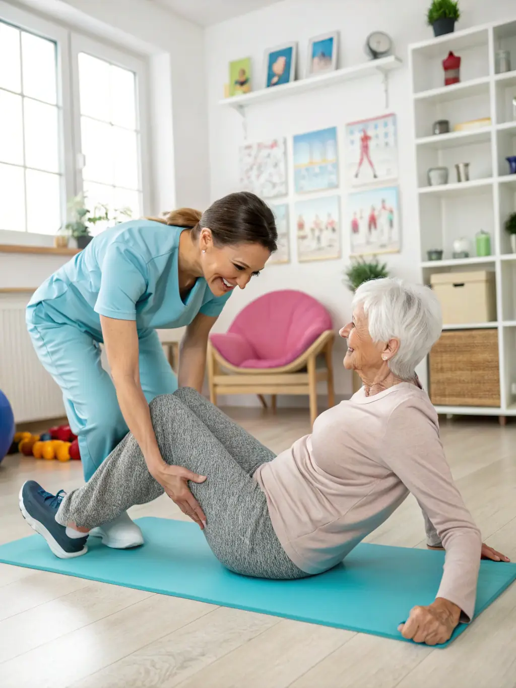 A physical therapist guiding a patient through exercises in a home setting, focusing on rehabilitation and improved mobility.