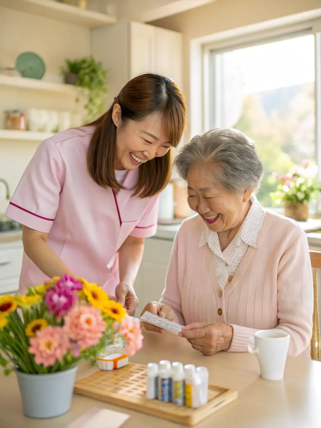 A caring nurse assisting an elderly patient with medication in a cozy home setting, ensuring their comfort and well-being.