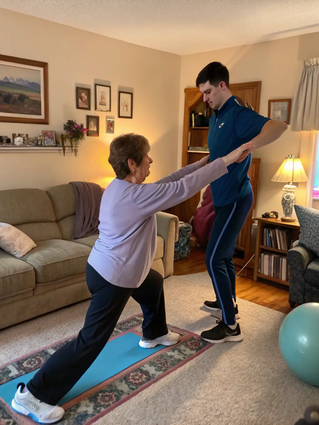 A physical therapist guiding a patient through exercises in their living room, emphasizing rehabilitation and mobility.