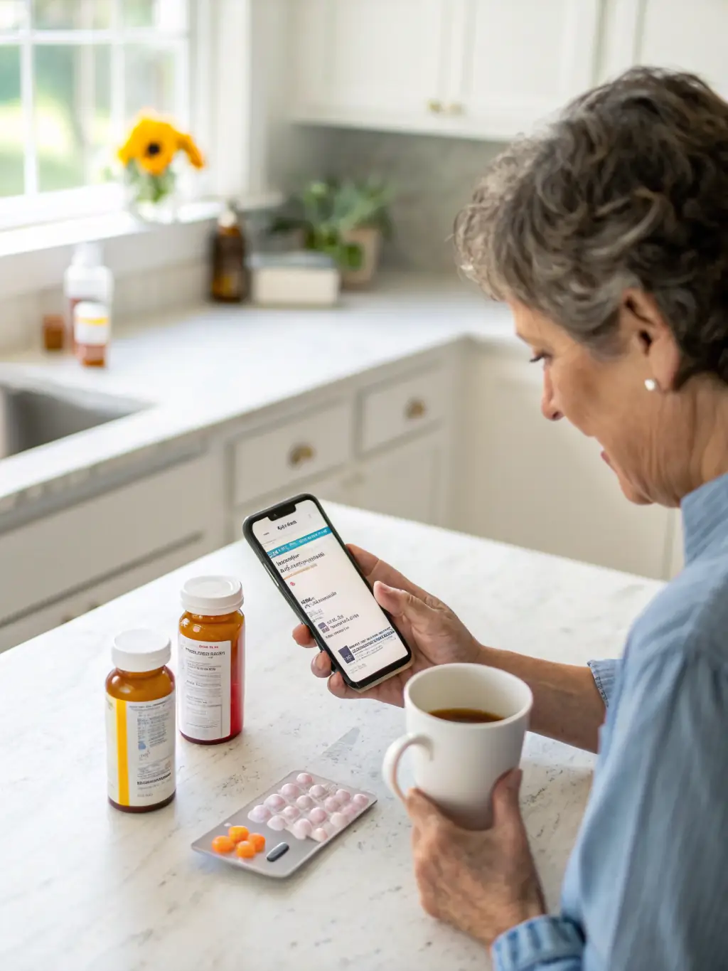 A person taking medication with a reminder app on their smartphone, highlighting medication management support.