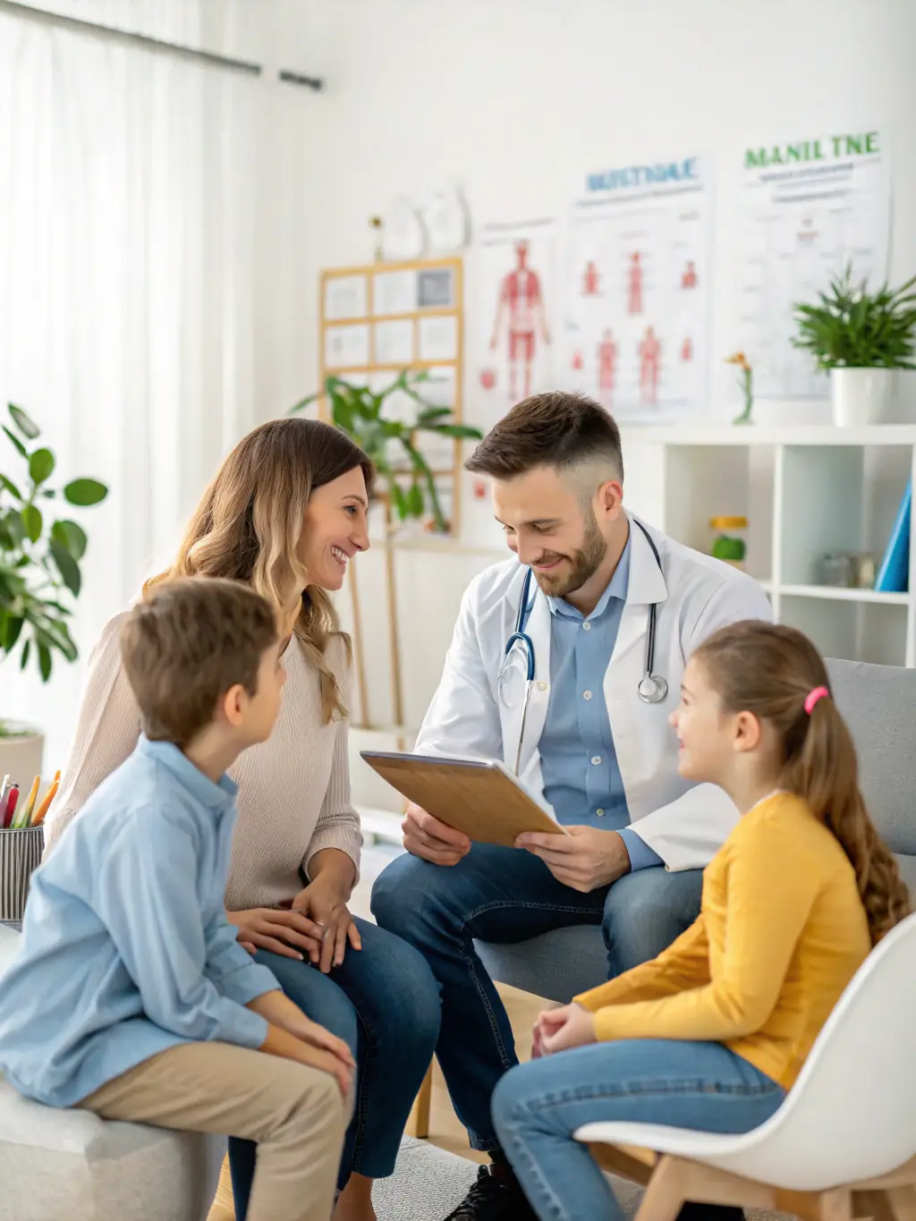 A family discussing health management options with a healthcare professional in a bright and comfortable setting.
