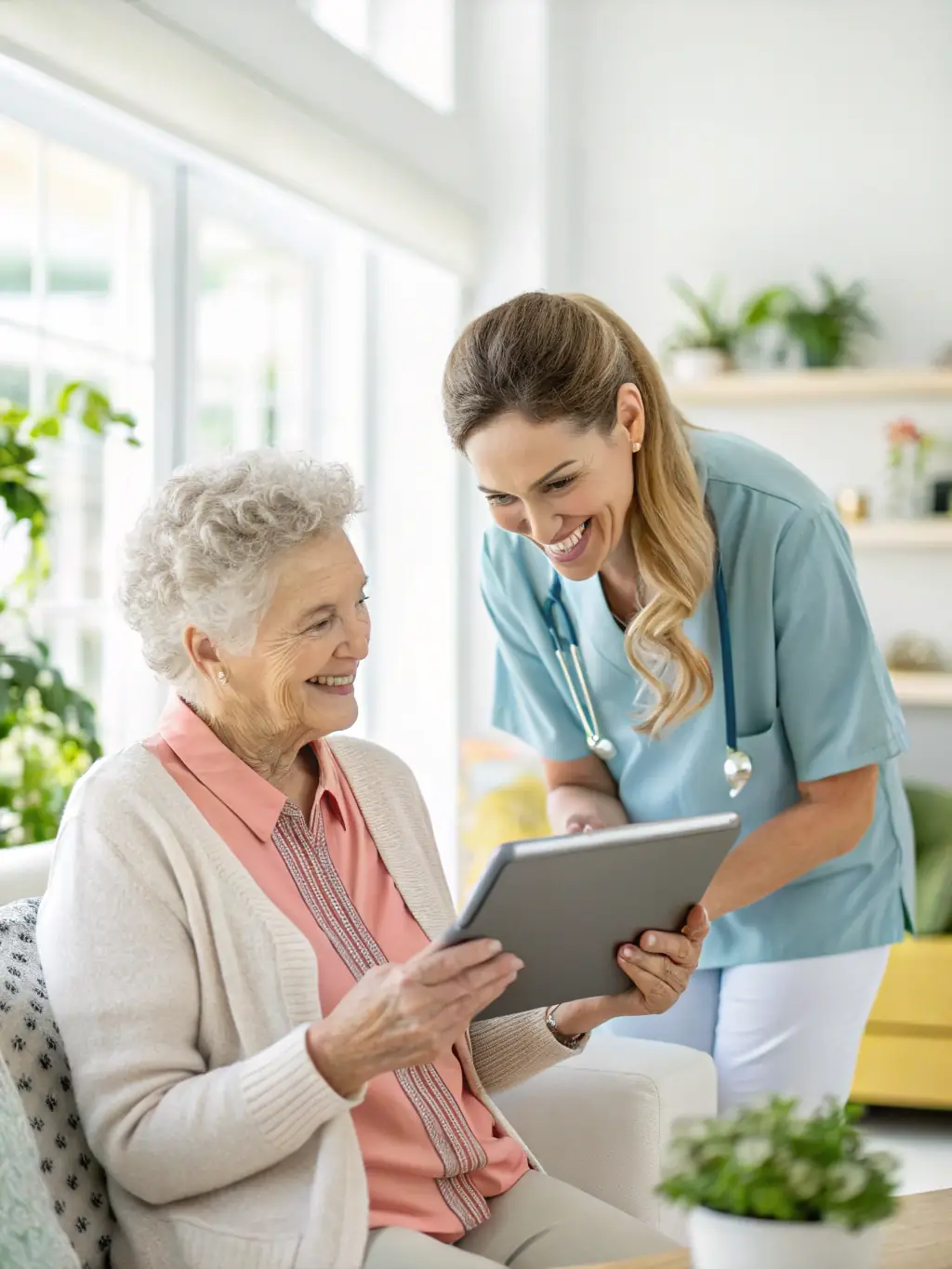 A senior woman smiling and looking at a tablet with a health management app displayed, a nurse is sitting next to her, explaining the features.