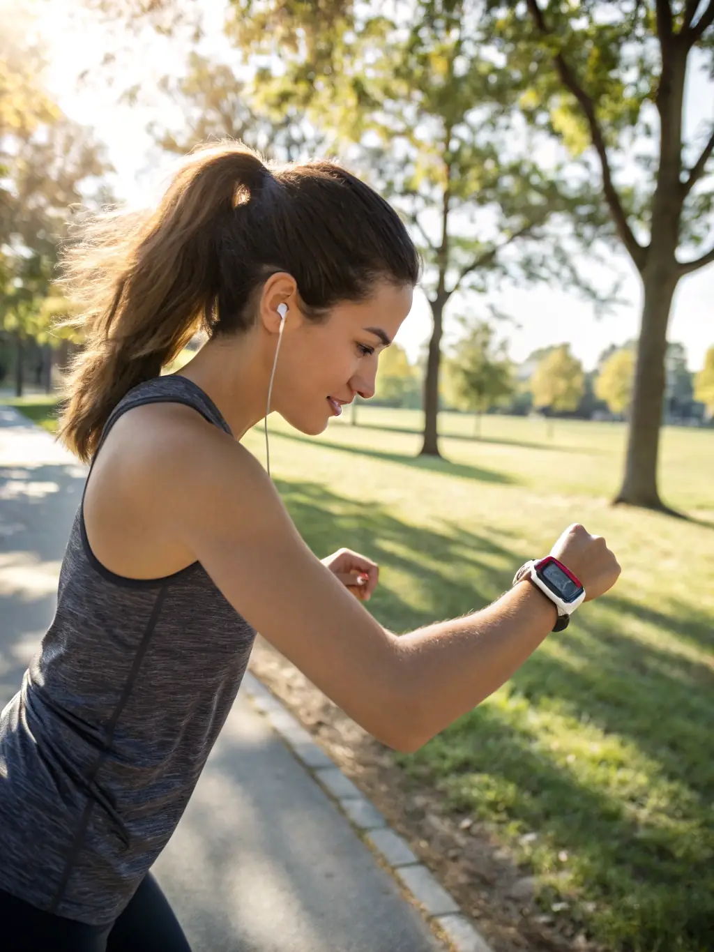 A person using a fitness tracker during a walk in a park, emphasizing wellness planning and preventive care.
