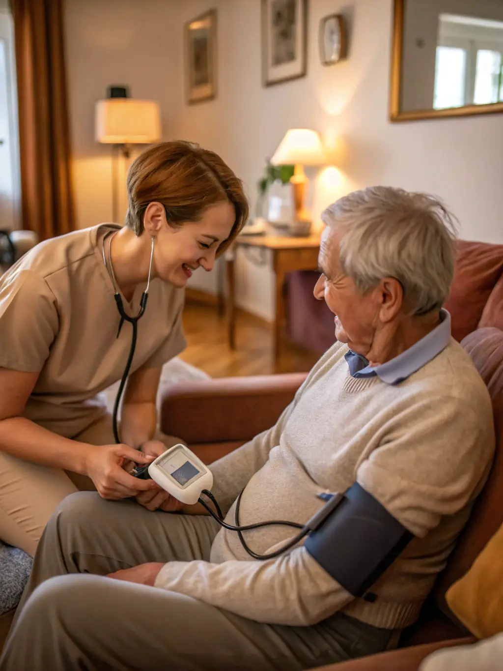 A health aide monitoring a patient's vital signs and providing health education, emphasizing proactive health management.