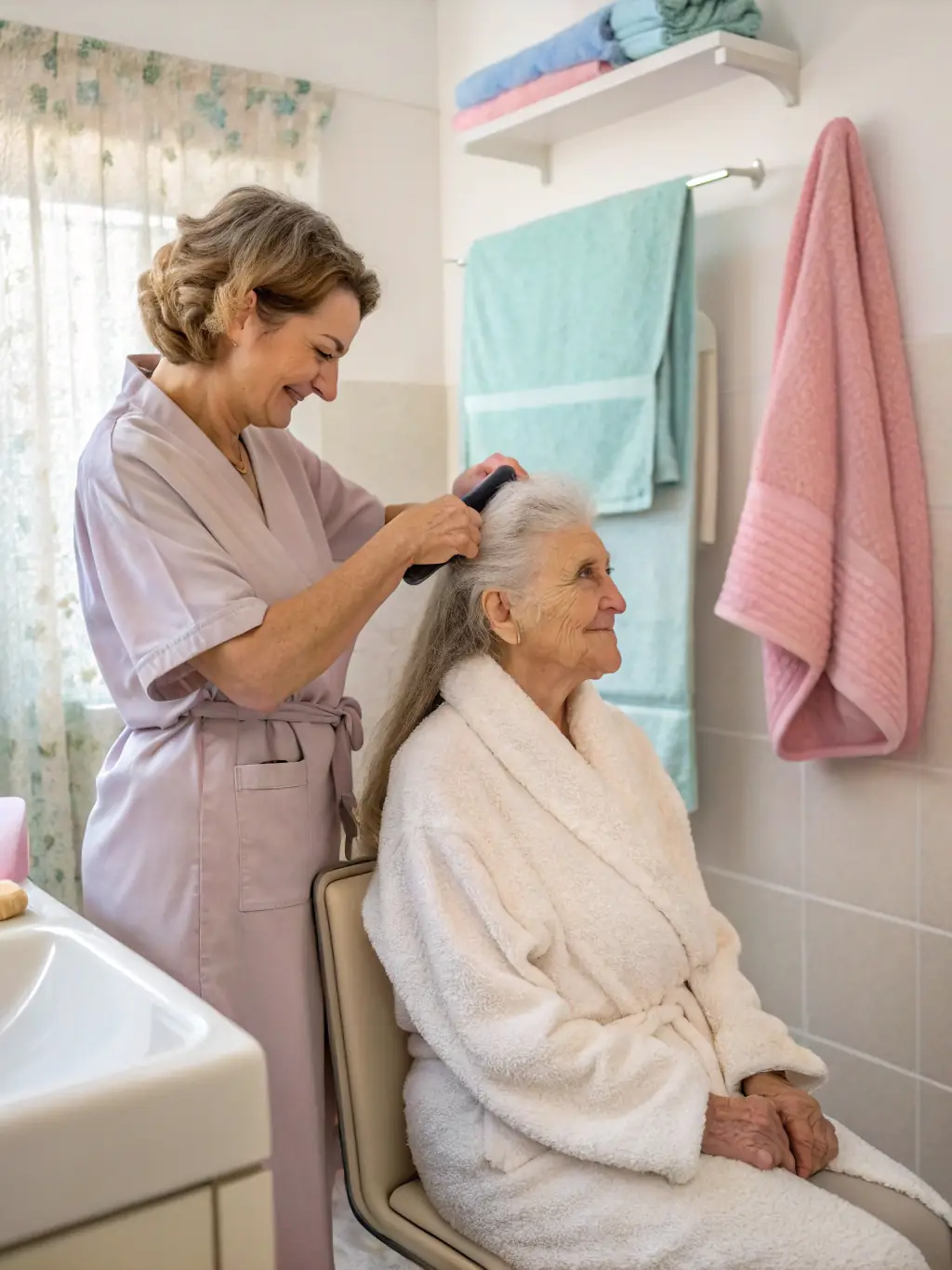 A caregiver assisting a patient with daily living activities such as bathing and dressing, highlighting compassionate support.